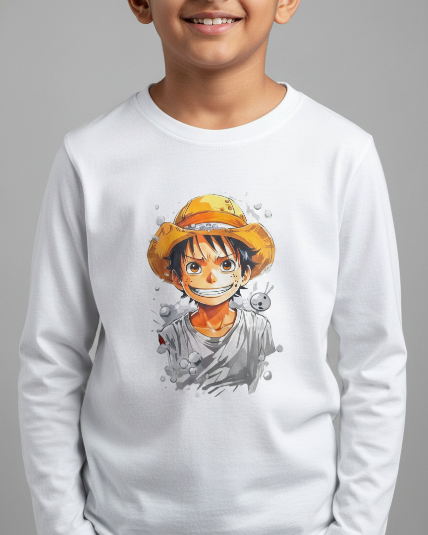 Child wearing a white long-sleeve shirt with a graphic design of a character in a yellow hat.