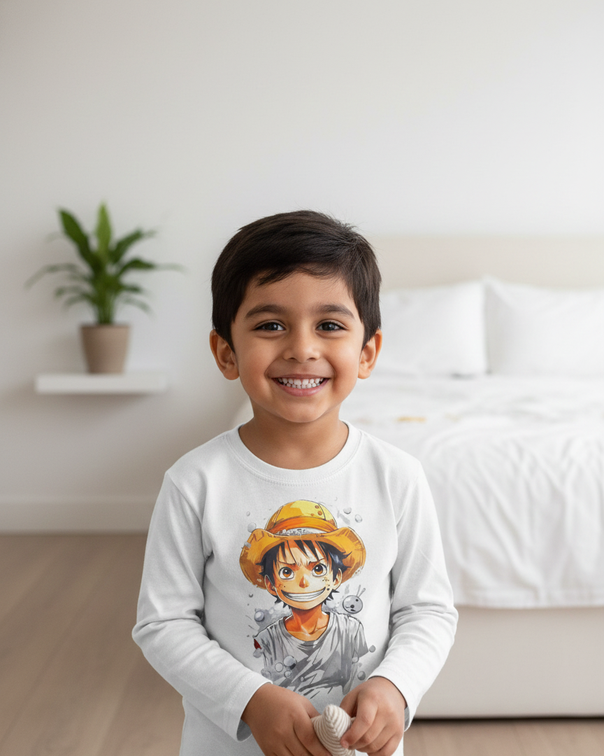 Child wearing a white long-sleeve shirt with a graphic design, standing in a room with a bed and plant in the background.