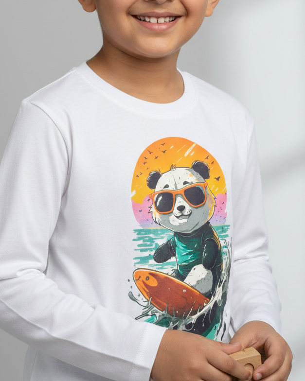 Child wearing a white long-sleeve shirt with a panda design in a grey and white background