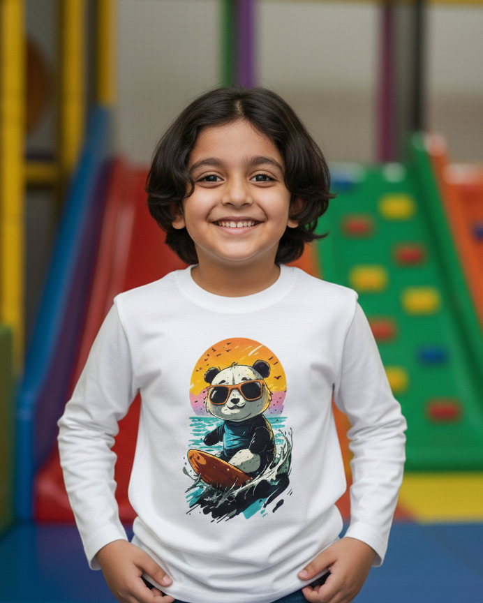 Child wearing a white long-sleeve shirt with a panda design in an indoor playground.