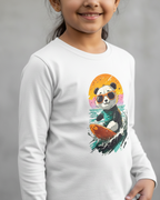 Child wearing a white long-sleeve shirt with a panda design on a gray background