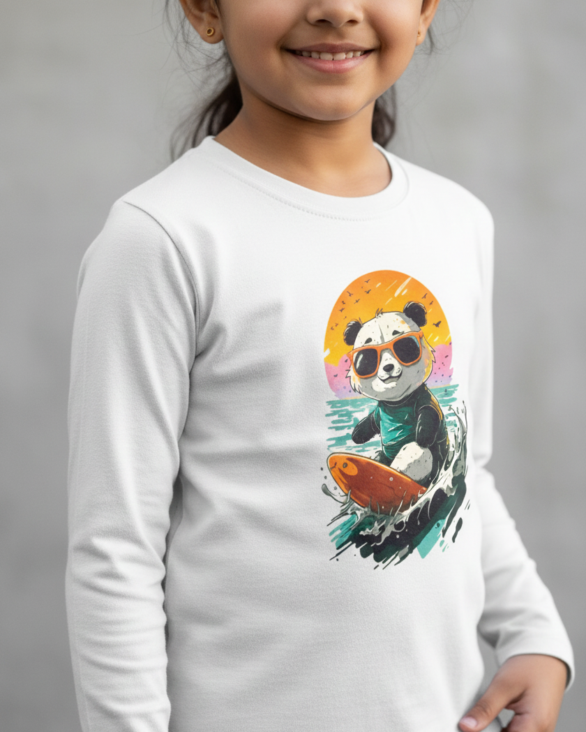 Child wearing a white long-sleeve shirt with a panda design on a gray background