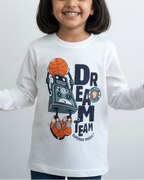 Child wearing a white long-sleeve shirt with a robot and basketball design, on a plain background.