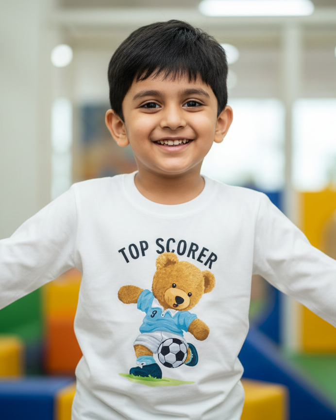 Child wearing a white long-sleeve shirt with a teddy bear graphic and text in an indoor setting.