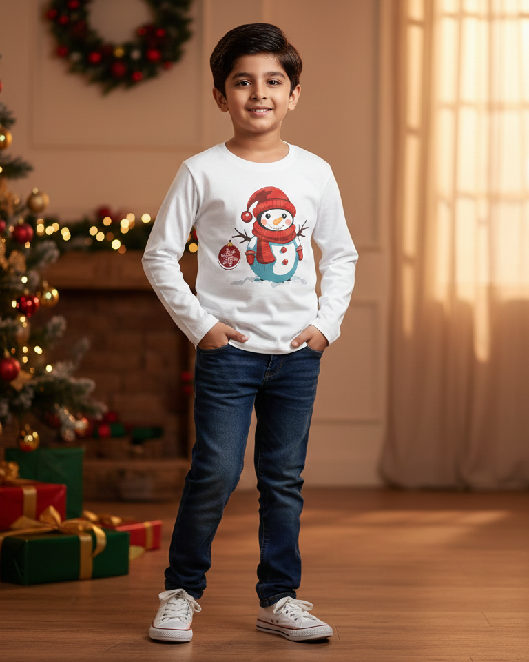 Child wearing a white sweater with a snowman design in a festive room with Christmas tree and presents.