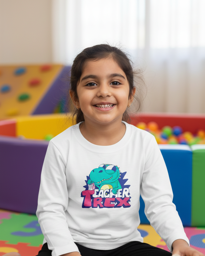 Child wearing a white sweatshirt with 'Teacher T-Rex' design in a colorful playroom.
