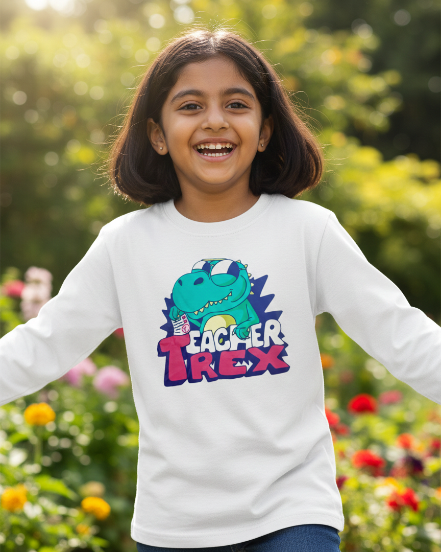 Child wearing a white sweatshirt with 'Teacher T-Rex' design in a garden setting