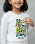Child wearing a white sweatshirt with a Disney Animal Kingdom design on a gray background