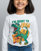 Child wearing a white sweatshirt with a dinosaur graphic and text on a gray background