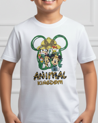Child wearing a white t-shirt with 'Animal Kingdom' graphic design.