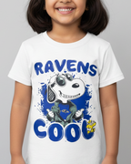 Child wearing a white t-shirt with 'Ravens Coo' design on a gray background