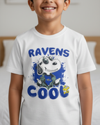 Child wearing a white t-shirt with 'Ravens Cool' design
