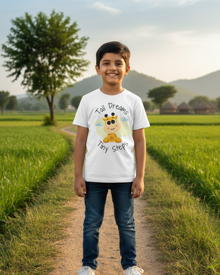 Child wearing a white t-shirt with a cartoon character and text, standing on a dirt path in a green field with trees and mountains in the background.