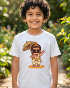 Child wearing a white t-shirt with a cartoon character design in a garden setting