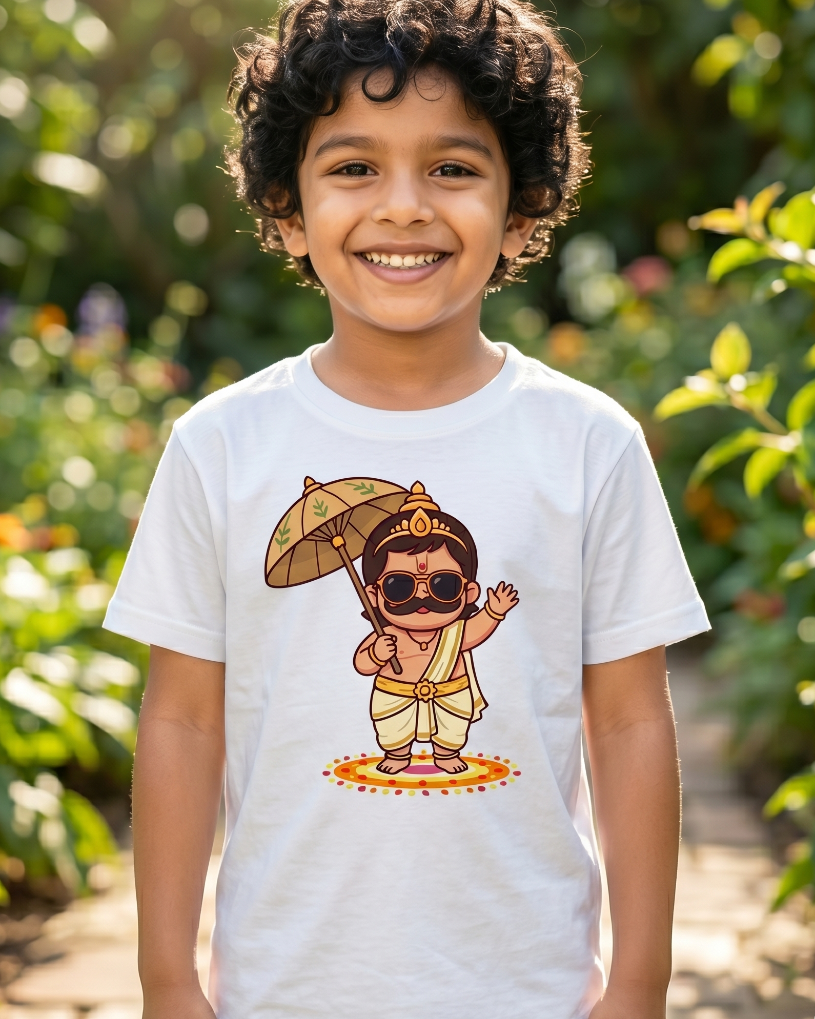 Child wearing a white t-shirt with a cartoon character design in a garden setting