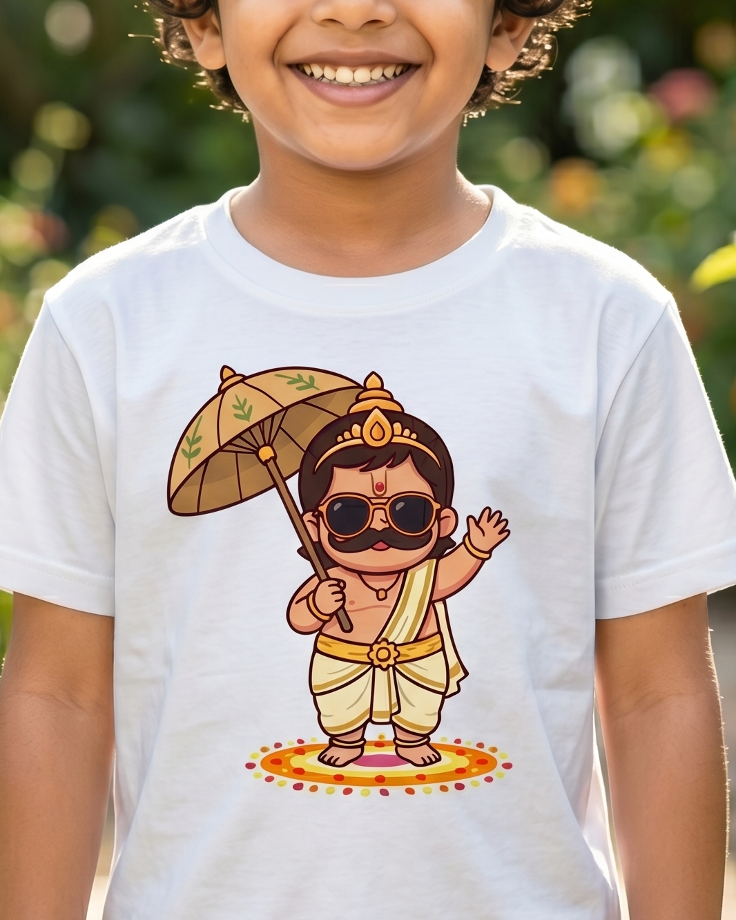 Child wearing a white t-shirt with a cartoon character design in a garden setting