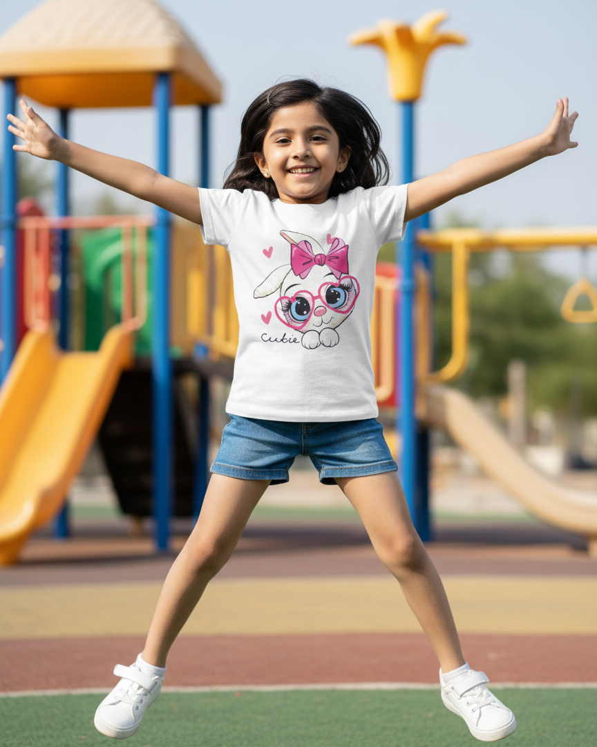 Child wearing a white t-shirt with a cartoon character on a playground