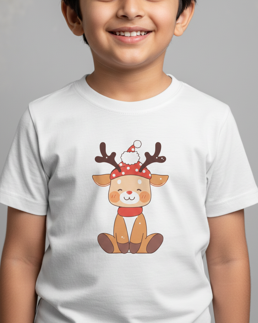 Child wearing a white t-shirt with a cartoon reindeer design on a gray background