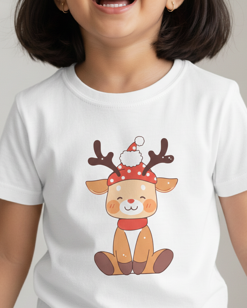 Child wearing a white t-shirt with a cartoon reindeer design on a plain background