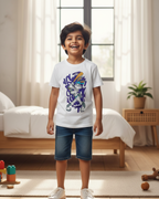 Child wearing a white t-shirt with a colorful design in a bedroom