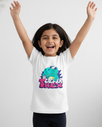 Child wearing a white t-shirt with a colorful dinosaur graphic and text, arms raised in excitement on a plain background.