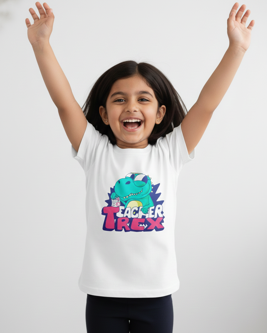 Child wearing a white t-shirt with a colorful dinosaur graphic and text, arms raised in excitement on a plain background.
