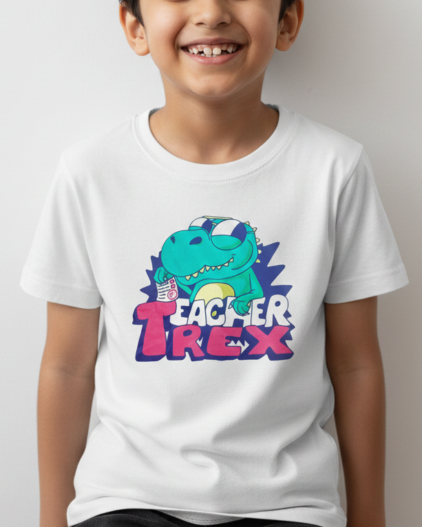 Child wearing a white t-shirt with a colorful dinosaur graphic and text on a plain background