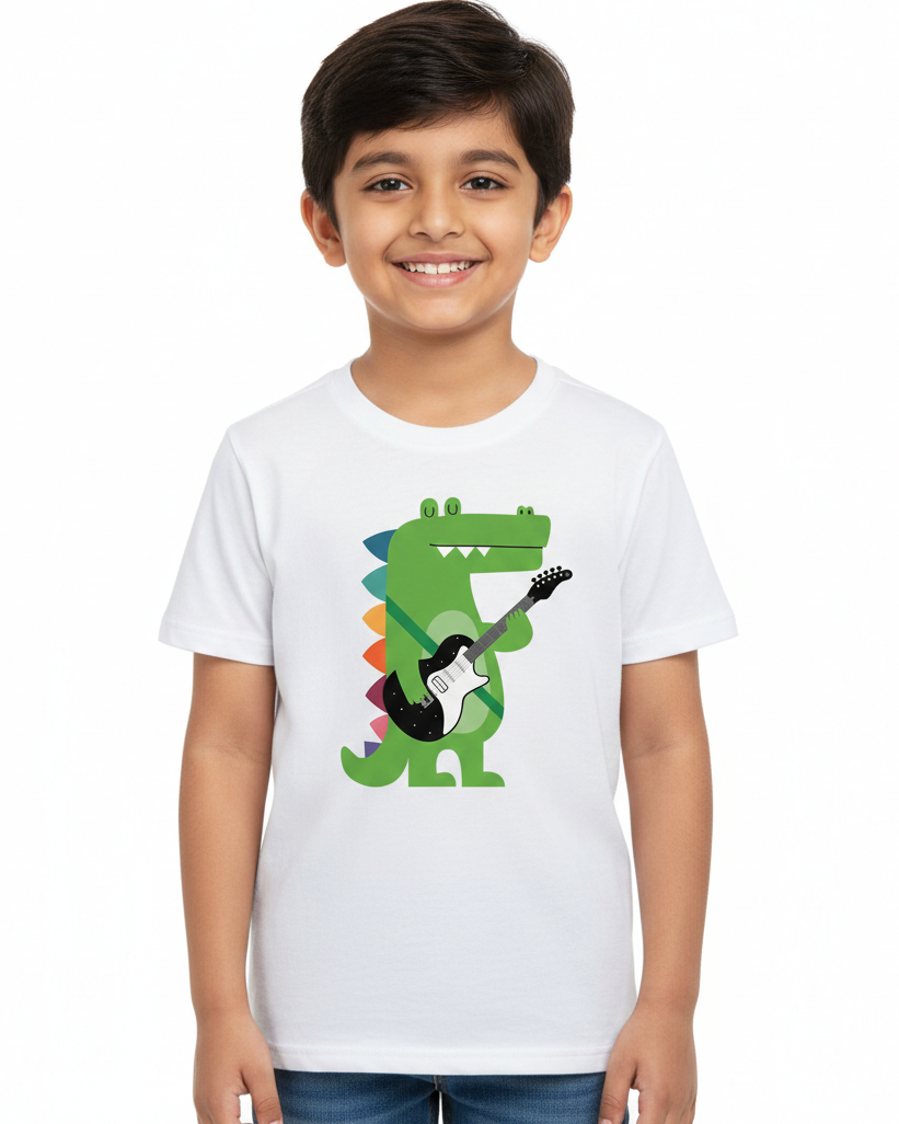 Child wearing a white t-shirt with a colorful dinosaur playing guitar design on a white background