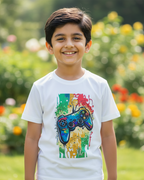 Child wearing a white t-shirt with a colorful graphic design in a garden setting