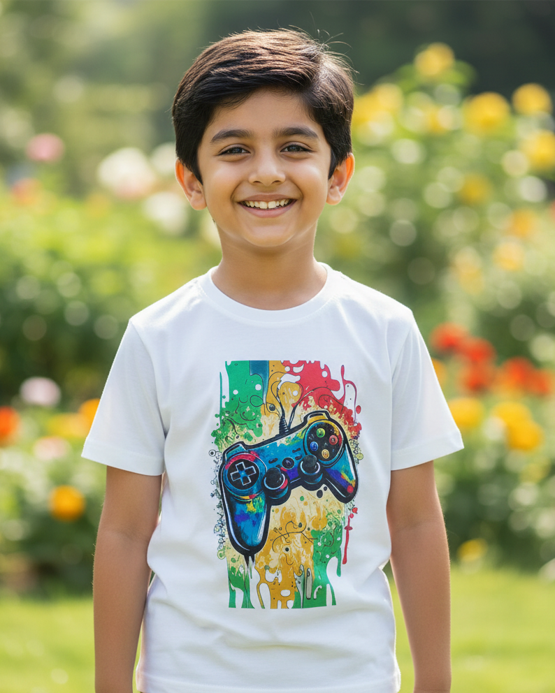 Child wearing a white t-shirt with a colorful graphic design in a garden setting