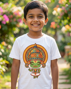 Child wearing a white t-shirt with a colorful graphic design, standing in a garden.