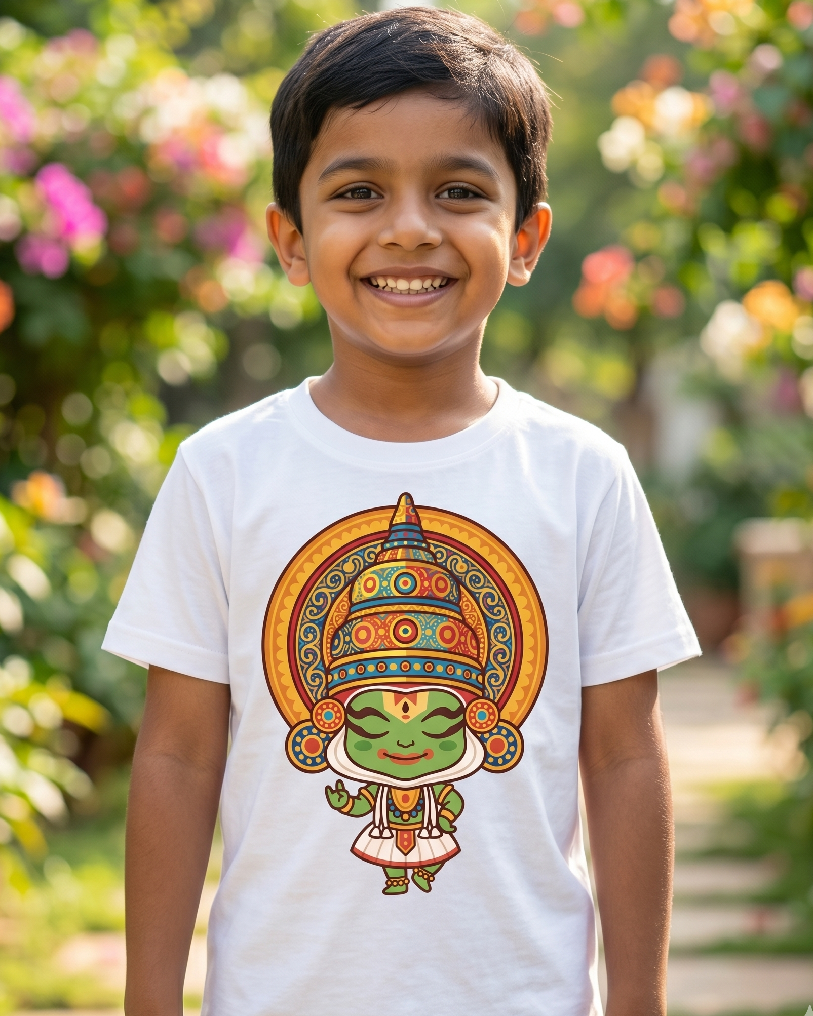 Child wearing a white t-shirt with a colorful graphic design, standing in a garden.