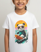 Child wearing a white t-shirt with a colorful panda design on a plain background