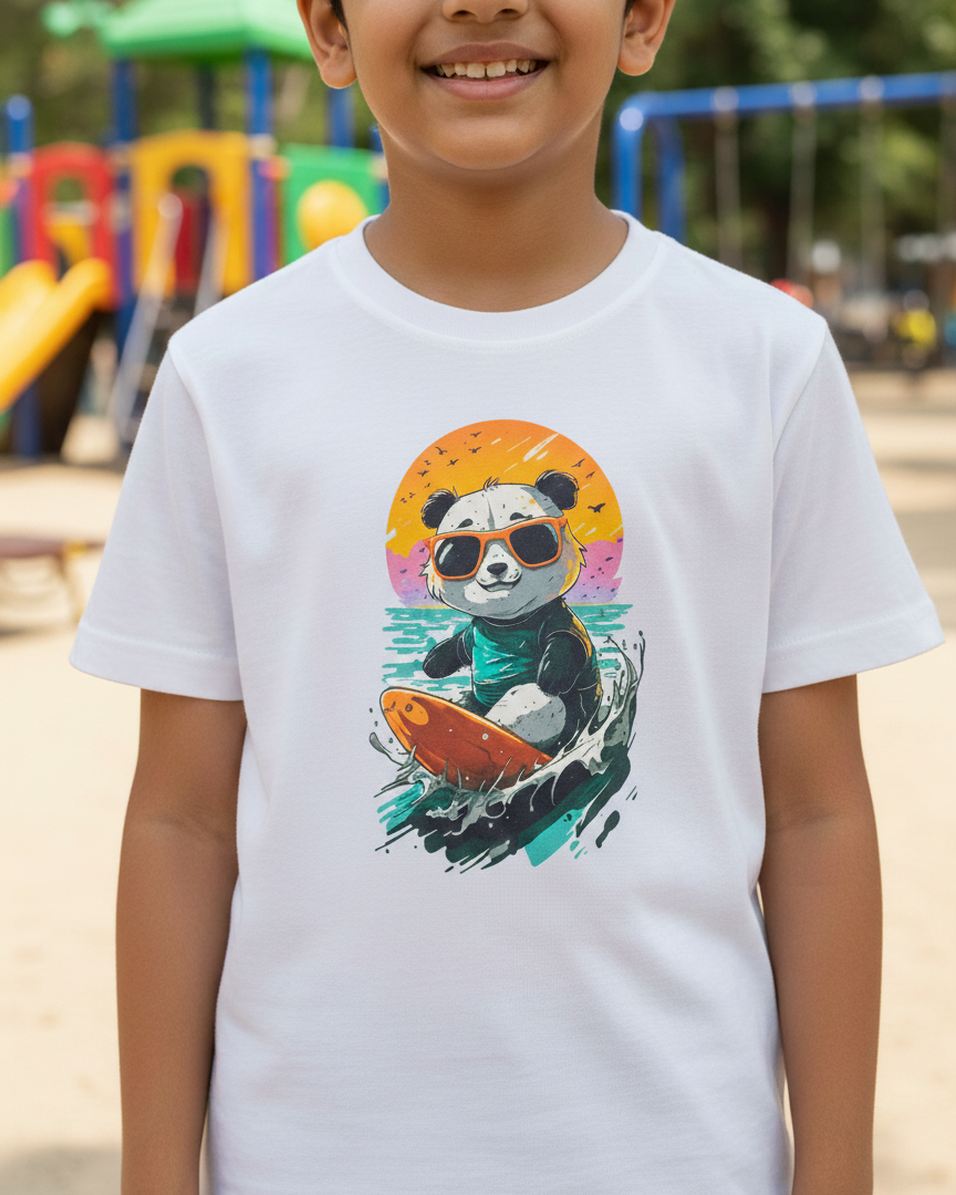 Child wearing a white t-shirt with a colorful panda graphic in an outdoor playground setting