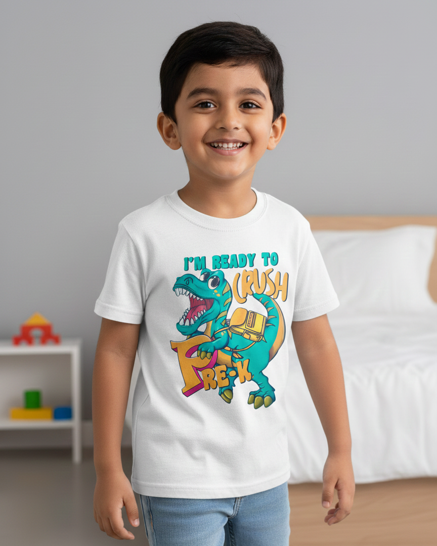 Child wearing a white t-shirt with a dinosaur graphic and text in a bedroom setting
