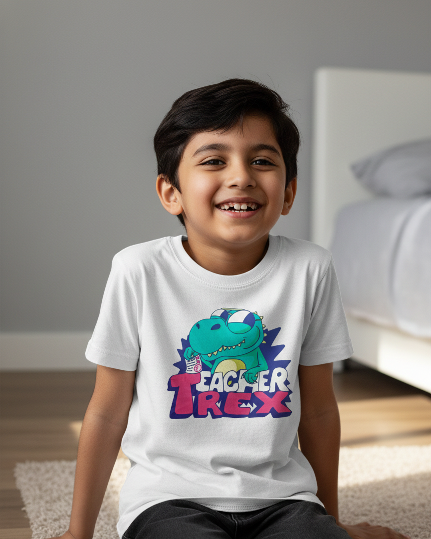 Child wearing a white t-shirt with a dinosaur graphic and text, sitting on the floor.