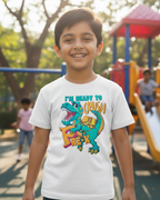 Child wearing a white t-shirt with a dinosaur graphic at a playground