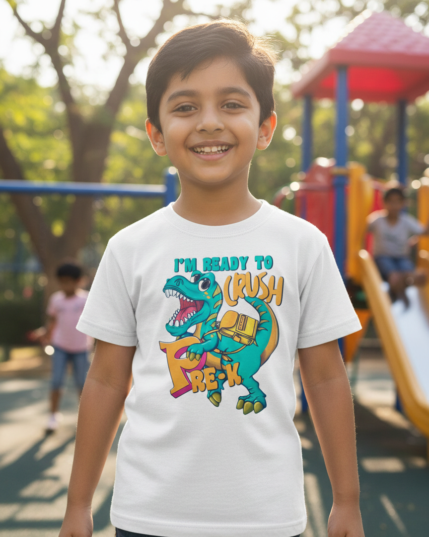 Child wearing a white t-shirt with a dinosaur graphic at a playground