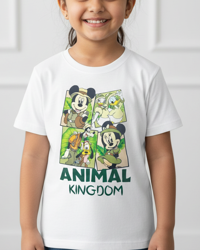 Child wearing a white t-shirt with a graphic design and text, standing against a light-colored wall.