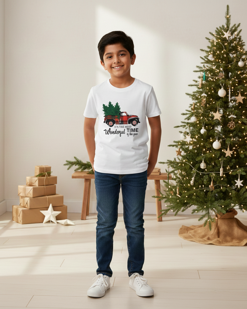 Child wearing a white t-shirt with a graphic design in a room with a decorated Christmas tree.