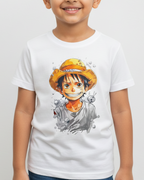 Child wearing a white t-shirt with a graphic design on a plain background