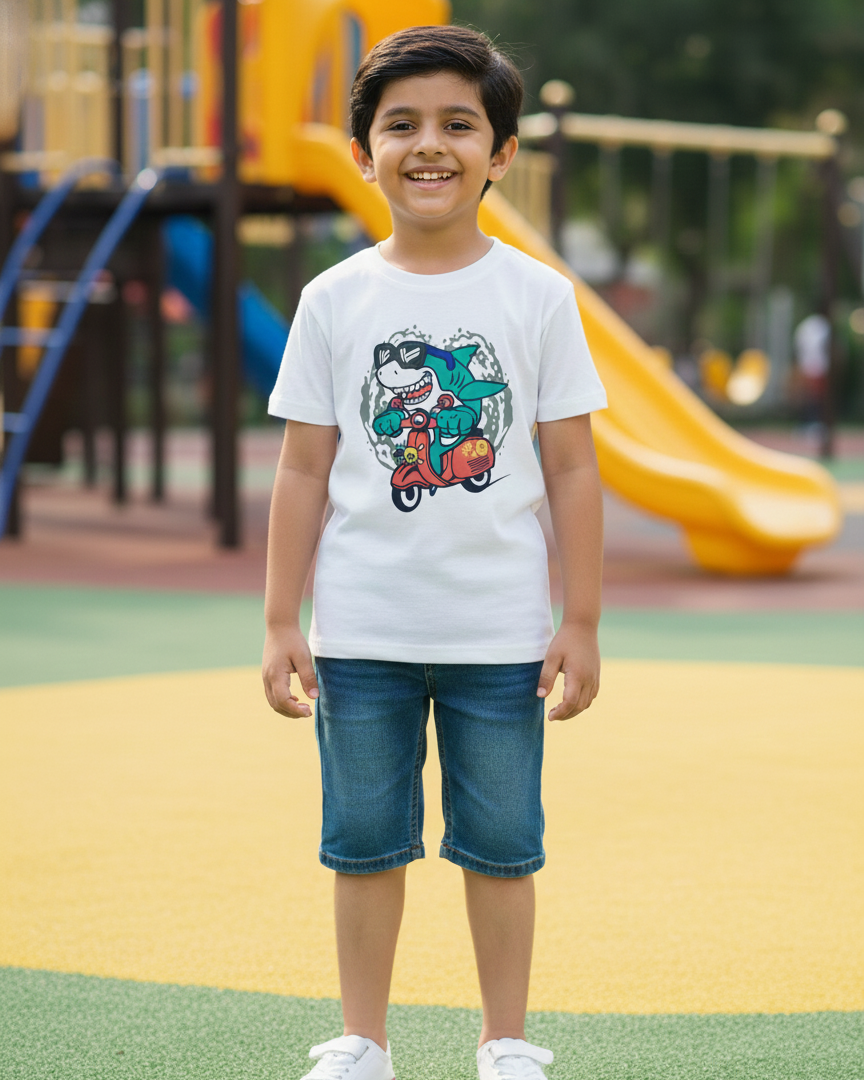 Child wearing a white t-shirt with a graphic design on a playground