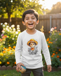 Child wearing a white t-shirt with a graphic design, standing in a garden.