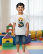 Child wearing a white t-shirt with a panda design in a colorful room with toys.