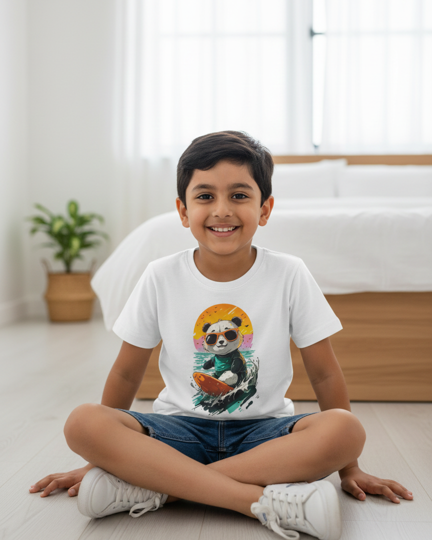 Child wearing a white t-shirt with a panda design, sitting on the floor in a bright room.