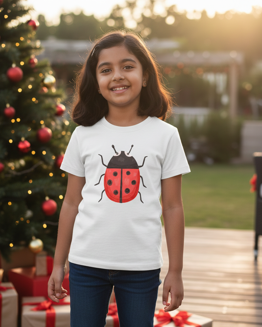 Child wearing a white t-shirt with a red and black ladybug design, standing in front of a decorated Christmas tree and presents.