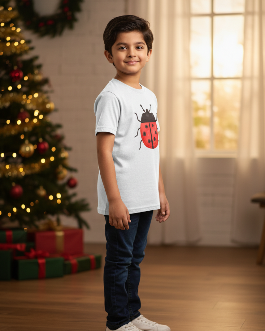 Child wearing a white t-shirt with a red ladybug design in front of a decorated Christmas tree.