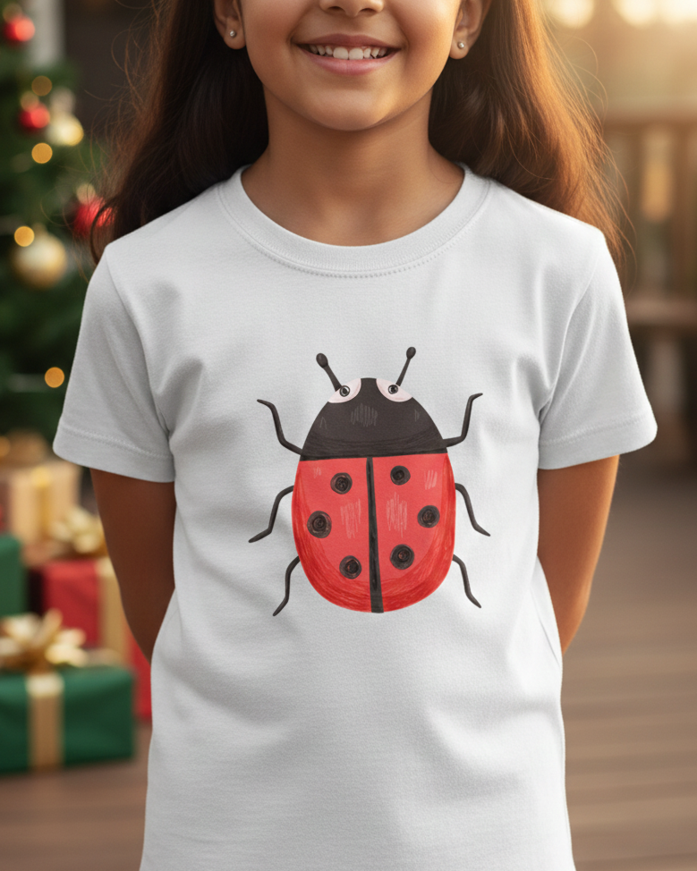 Child wearing a white t-shirt with a red ladybug design, standing in front of a decorated Christmas tree.