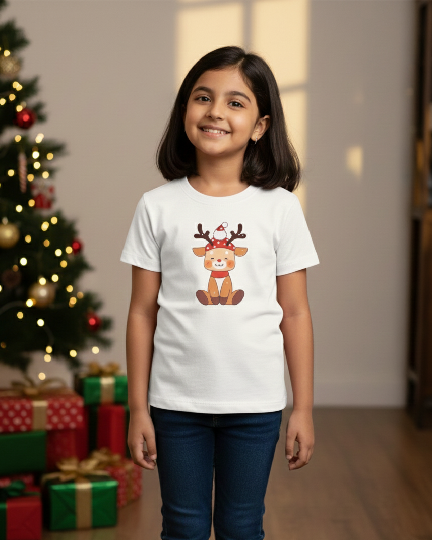 Child wearing a white t-shirt with a reindeer design in front of a Christmas tree and presents.