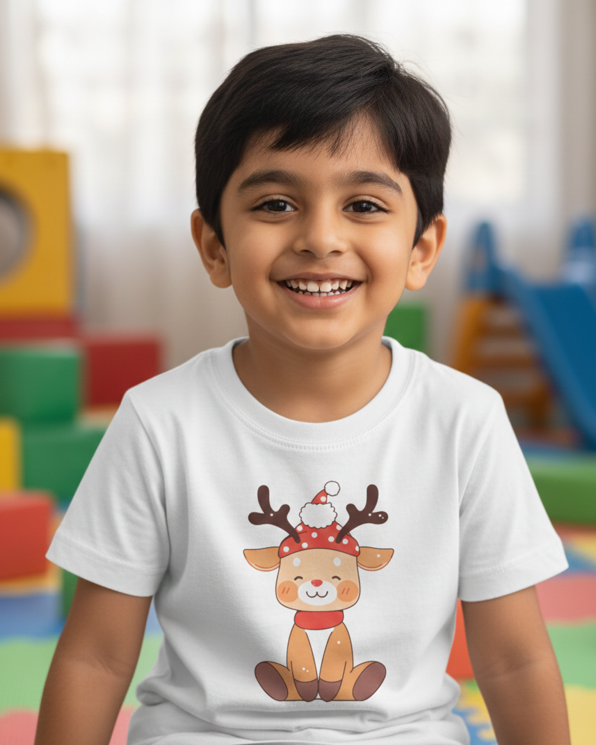 Child wearing a white t-shirt with a reindeer graphic in a colorful indoor setting.
